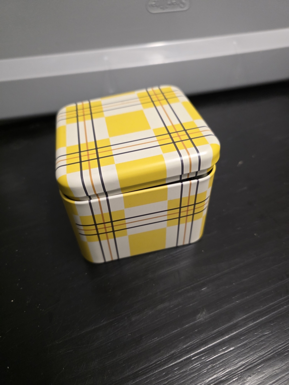 Fossil Yellow White Plaid Decorative Tin
